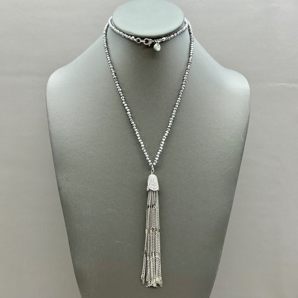 Loft Necklace Womens Silver Tone Beaded Rhinestone Tassel Long Chain Jewelry